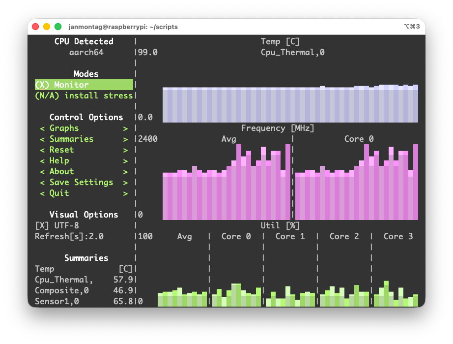 s-tui auf meinem "Server" im iTerm2 Terminal Fenster